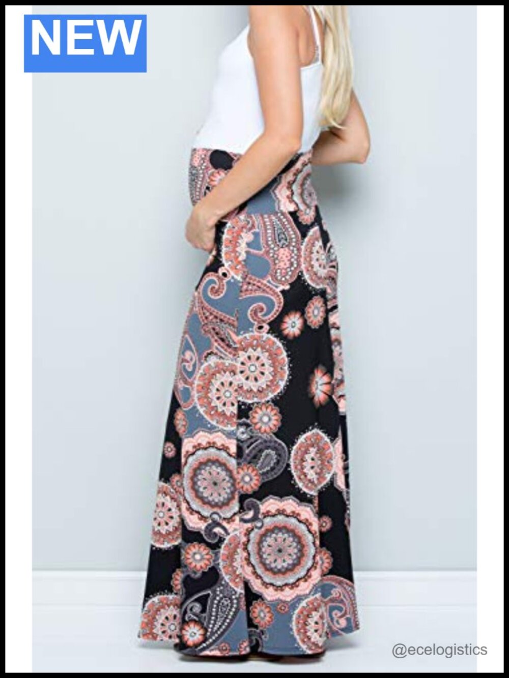 High Waisted Maternity Maxi Skirt with Tummy Control, Polyester Blend, Pull On - Picture 6 of 6